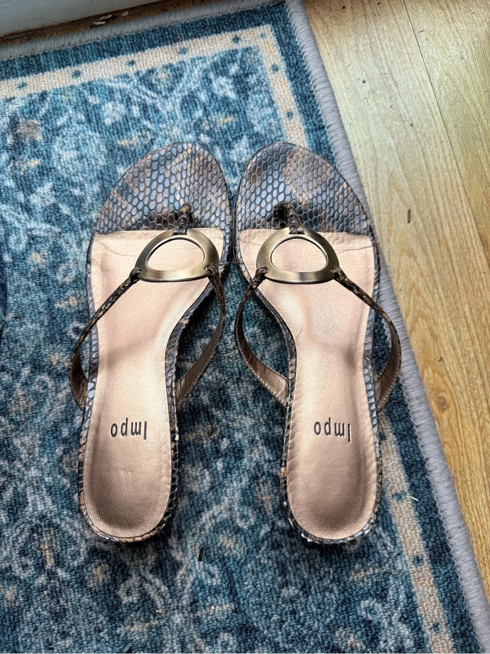 Impo Brown Snake-Print Thong Sandals with Gold Ring Accent